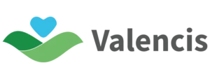 Logotipo Valencis com coração azul e folhas verdes, representando cuidado em saúde integrada.